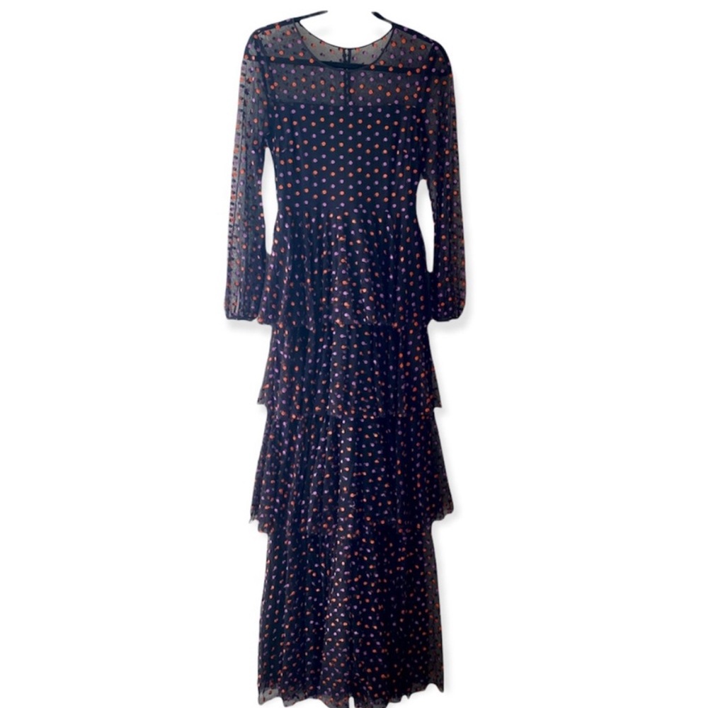 Zac Posen Black Chiffon Tiered Polka Dot Gown